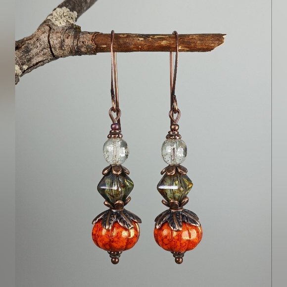 HAND CRAFTED Boho Harvest Orange Pumpkin Green Copper Dangle Drop Earrings - Picture 3 of 6
